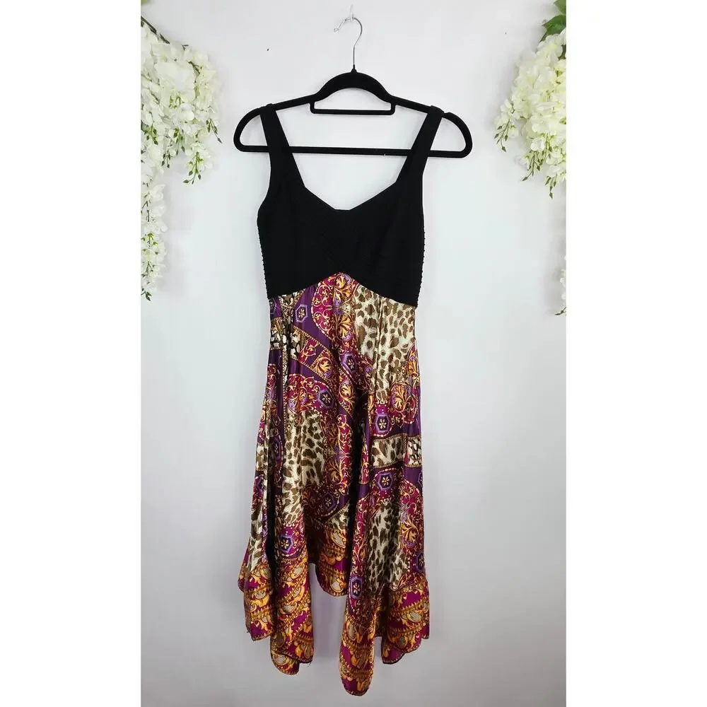 Signature by Robbie Bee Satin Handkerchief Hem Dress 8P Black Baroque Vacation